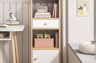 Spydergreen Narrow Bookshelf With Door With Drawer, Display Case Locker, Storage Rack, Small Bookcase, Floor Rack For Living Room Bedroom, Color :Beech & White (40X24X120Cm)