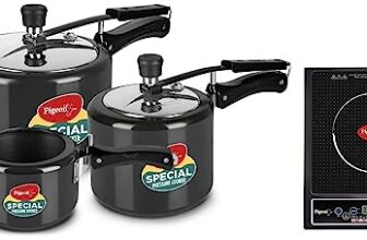 Pigeon By Stovekraft Aluminium Hard Anodized Pressure Cooker Combo With Induction Base Inner Lid – 2 L, 3 L, 5 L- 14455 (Silver) & Pigeon By Stovekraft Cruise 1800 Watt Induction Cooktop (Black)