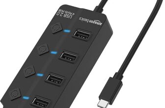 Amazon Basics 4-In-1 Usb 2.0 Data Hub With Data Transfer Speed Of 480 Mbps, Individual Led Lit Power Switches, For Macbook And Pc