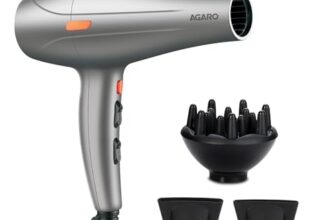Agaro Hd-1124 2400 Watts Professional Hair Dryer With Ac Motor, 2 Concentrator Nozzle, Diffuser, Hot And Cold Air, 2 Speed 3 Temperature Settings With Cool Shot For Both Men And Women, Silver