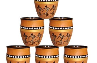 Lifehaxtore® Ceramic Kokopelli Art Handcrafted Print Kulhar Tea And Coffee Cup Set- (Pack Of 6, Brown)