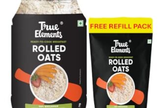 True Elements Rolled Oats with Free Refill Pack 2.2 Kg (1.2 kg + 1 Kg) | 100% Wholegrain | High Protein | High Fibre | Ready to Cook Breakfast | Gluten Free | Oats for Weight Management