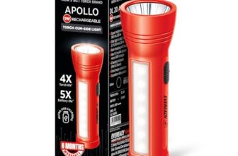 Eveready Apollo DL20, Rechargeable 1W Led Torch Cum 1.4W Emergency Sidelight/Face Light, Type-B/Micro USB Fast Charging, Overcharge & Deep Discharge Protection, Powered by Li-Ion Battery