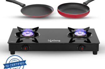 Lifelong Combo – Cooktop + Flat tawa + Fry Pan Top Glass Manual Gas Stove(2 Burners)