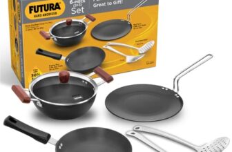 Hawkins Futura 6-Piece Hard Anodised Induction Gift Set – 2L Kadhai, 20cm Frying Pan, 26cm Tava, Glass Lid, Stainless Steel Skimmer and Turner (HAGP1)