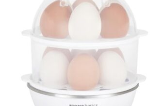 amazon basics Double Decker Egg Boiler | 350 Watt | Boils Upto 14 Eggs | 3 Boiling Modes, Overheat Protection | Stainless Steel Heating Plate, Measuring Cup | 500 ml | Durable | Plastic | White