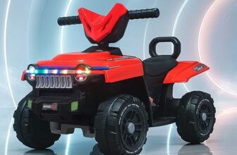 Kidsmate Falcon ATV Electric Ride-On Car | 4-Wheel, 6V 4.5Ah Rechargeable Battery Car | RGB LED Lights, USB Music, Horn & Forward/Reverse Motion | Fun Ride for Kids Ages 2-5Y – Red