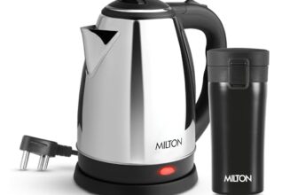 MILTON Go Electro 1.5L Fast Boil Kettle 1350W with 3x Safety Protection + 350ml Double Wall Vacuum Insulated Coffee Mug with Strainer, Stainless Steel Hot & Cold Combo for Home, Office, Travel,Gifting