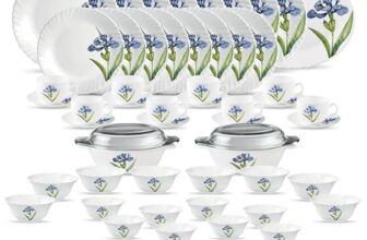 La Opala Diva Classique Collection Opal Glass Crockery | for Family of 8 | Dinner Set 61 pcs Royal Iris | Plates & Bowls for Dining | Microwave Safe | 100% Vegetarian | Extra Strong | White