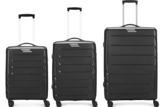 Aristocrat Polypropylene Chroma 3 Pc Set Cabin 55 Cm(Small), 66 Cm(Medium), 75 Cm(Large) 8 Wheels Spinner Hard Case Trolley Bags for Travel,Suitcase with Combination Lock&3 Years Warranty(Black)