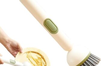 Liquid Dispensing Dish Cleaning Brush with Handle and Hanging Loop, Rotating Scrub Head, Wall Hanging Kitchen Cleaning Brush
