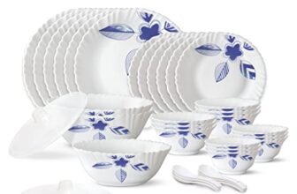 Larah by Borosil Morning Glory Silk Series Opalware Dinner Set | 35 Pieces for Family of 6 | Microwave & Dishwasher Safe | Bone-Ash Free | Crockery Set for Dining & Gifting | Plates & Bowls | White