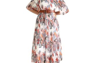 U.S. POLO ASSN. Women’s Polyester A-Line Midi Casual Dress (UWSS24DRS132_White, Grey and Red