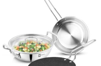 Bergner BE Essentials TriPly 4 Pcs Stainless Steel Cookware Set – 24cm (3.1L) Kadai, 24cm (1.5L) Frypan, Common Flat Glass Lid, 26cm Non-Stick Roti Tawa, Less Oil Use – Induction and Gas Stove Ready