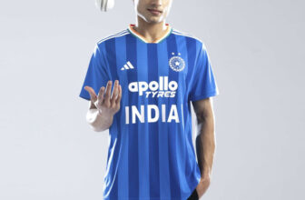 ADIDAS Striped Men V Neck Blue T-Shirt