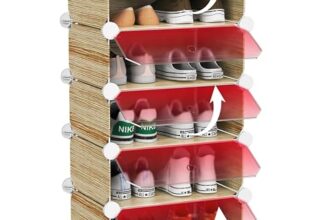 Homeland Shoe Rack-5 Layer -Plastic Wooden Looking Organizer/Multi-Purpose, Easy Assembly, Adjustable Shoe Storage Organizer Stackable Detachable DIY, Plastic 5 Layers Portable