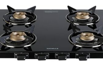 Havells GEOSLIM JUMBO stove |4 Heavy Duty Forged Brass Burner|6 mm Toughened Glass|Premium Valves|Removable Drip Tray|Soft Touch Knobs|5 year Warranty on Burners, Glass & Valves by Havells (Black)