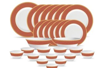 La Opala Diva Sovrana Collection Opal Glass Crockery | for Family of 6 | Dinner Set 27 pcs Regent Red | Plates & Bowls for Dining | Microwave Safe | 100% Vegetarian | Extra Strong | Light & White