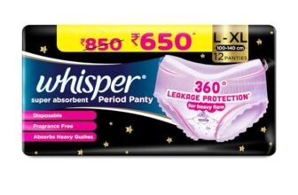 Whisper Super Absorbent Period Panty, 12 L-XL Pants, 360 Degree Leakage Protection for Heavy Flow, Panty like Fit for Full back Coverage, Absorbs Heavy Gushes, Silky Soft, Comfortable Feel, Women