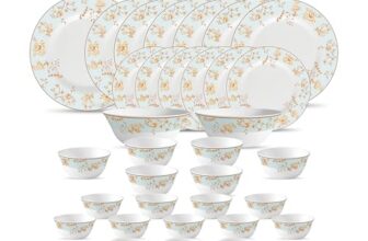 La Opala Diva Sovrana Collection Opal Glass Crockery | for Family of 6 | Dinner Set 33 pcs Medusa Gold | Plates & Bowls for Dining | Microwave Safe | 100% Vegetarian | Extra Strong | Light & White