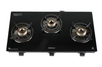 Havells GEOSLIM Gas stove |3 Heavy Duty Forged Brass Burner|6 mm Toughened Glass|Premium Valves|Removable Drip Tray|Soft Touch Knobs|5 year Warranty on Burners, Glass & Valves by Havells (Black)