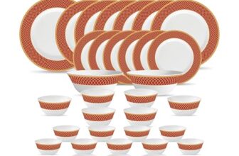La Opala Diva Sovrana Collection Opal Glass Crockery | for Family of 6 | Dinner Set 33 pcs Regent Red | Plates & Bowls for Dining | Microwave Safe | 100% Vegetarian | Extra Strong | Light & White