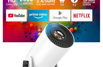 Ant Esports View 521 Smart LED Projector – White | 1080P & 4K Support I 2500 Lumens I WiFi +BT, Android 9 I HDMI/USB I Upto 130″(330cm) Max Screen I Speaker Power 3W I 720P Native Included 120″ Screen