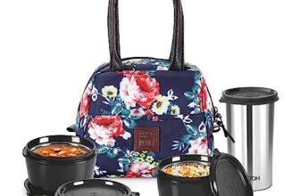 MILTON Floret Lunch Box with Insulated Fabric Jacket, 3 Microware Safe Inner Stainless Steel Containers 180ml, 320ml, 320ml &Tumbler with lid 415ml, Leakproof Tiffin for Office, College, Navy Blue