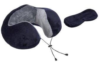 Amazon Basics Premium Travel Neck Pillow + Sleeping Eye Mask Combo with Portable Bag| Ergonomic | Orthopedic Support | Super Soft Fabric | Ideal for Flight, Car & Travel Comfort (Navy Blue & Gray)
