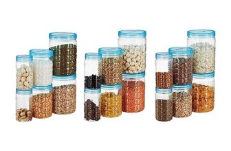 Amazon Brand – Solimo Checkered Jar Container, Set of 18 (6 pcs x 250 ml Each, 6 pcs x 500 ml Each, 6 pcs x 1000 ml Each), Blue | Kitchen Organiser | BPA Free | Stackable