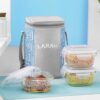 Larah Glassware Vogue Borosilicate Glass Lunchbox with Bag | 3pc Square Container Set (320 ml Each) | Microwave & Dishwasher Safe, Leakproof | Tiffin for Office, School, College | Blue