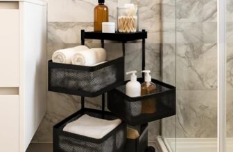 HomeGrits 4-Layer Revolving Square Storage Trolley – Black Metal Swinging Basket Rack with Wheels – Space-Saving Square Organizer for Kitchen, Bathroom, Office & Home Essentials