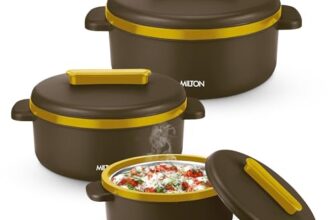 MILTON Micronova Jr. Gift Set Inner Stainless Steel Casserole, Set of 3 (380 ml, 775 ml, 1345 ml), Dark Brown, BPA Free, Food Grade, Hot and Cold, Microwaverable Steel, Dishwasher Safe, Chapati, Roti