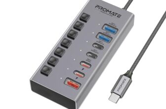 Promate 7-in-1 USB-C MultiPort Hub, Dual USB-C and USB-A Ports with 10Gbps Data Transfer, Fast Charging USB-C and USB-A Ports, 20W USB-C PD Port, Individual Power Switch and Plug&Play, GegaHub-10G.