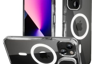 amazon basics iPhone 13/14 Case, Compatible with MagSafe, Adjustable Camera Ring Stand, Scratch Resistant Back, Military-Grade Protection, TPU, Classic Magnetic Back Cover with Kickstand, Clear