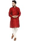 SKAVIJ Men’s Dupion Silk Embroidered Kurta Pajama Mandarin Collar Ethnic Motifs Festive Party Dress (KP002red_Red_L)