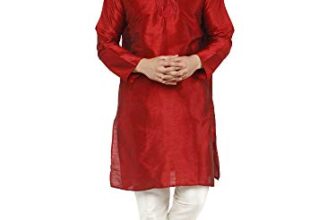 SKAVIJ Men’s Dupion Silk Embroidered Kurta Pajama Mandarin Collar Ethnic Motifs Festive Party Dress (KP002red_Red_L)