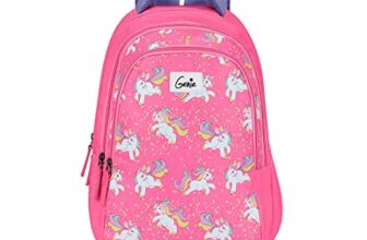 Genie Unicorn School Backpack for Girls |17 In-27 Ltr with Three Compartments, Side Pockets and Light Weight with Padded Shoulders |Best for Books,Stationery, Lunch Box & Essentials – Pink