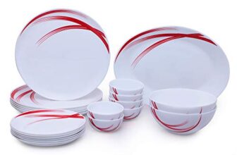 Larah by Borosil – Moon Series, Red Stella 21 Pieces Opalware Dinner Set, White
