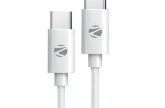ZEBRONICS Type C to Type C Strong Braided Cable, 60W PD Fast Charging, for iPhone 16 Series, 15 Series, iPad, MacBook, Samsung, Other Android Devices, Data Sync, 1 Meter (ZEB-TT60+) White