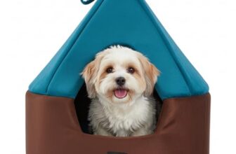 Amazon Basics Pet Bed Cave | Soft & Warm Indoor Tent Bed for Cats, Kittens & Small Dogs | Foldable with Removable Cushion | Light Blue & Coffee | Diameter 45 cm, Height 45 cm