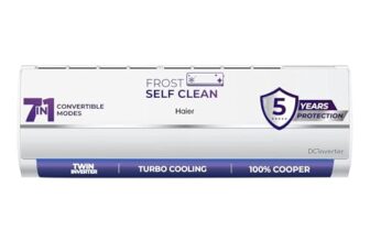 Haier 1 Ton 3 Star Twin Inverter Split AC (Copper, 7 in 1 Convertible, Frost Self Clean, HD Filter, Cools at 54°C, Long Air Throw – HSU11V-TMS3BN-INV,White)