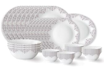 Larah by Borosil Lark Fluted Series Opalware Dinner Set | 36 Pieces for Family of 8 | Microwave & Dishwasher Safe | Bone-Ash Free | Crockery Set for Dining & Gifting | Plates & Bowls | White