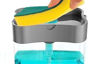 PUERTO 2 in 1 Soap Dispenser for Bathroom Accessories Dishwasher Liquid Holder Liquid Dispenser Pump 400 ML with Sponge Holder Kitchen Sink Accessories Items (Multi-Color, Pack of 1)