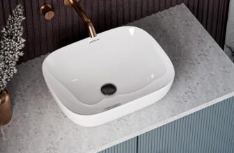BATHBELLA Table Top Ceramic Wash Basin For Bathroom | Rectangular Counter Top Bathroom Sink, Premium Glossy White Above Counter Vanity Basin, Modern Design (18 x 13 x 5 Inch)