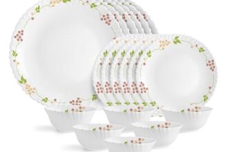 CELLO Secret Garden Dazzle Series Opalware Dinner Set of 18 Pieces for Family of 4 | Bone-Ash Free & Leadfree Opal Glass, Microwave & Dishwasher Safe, Plates & Bowls Crockery Set for Dining & Gifting
