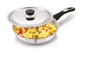Anjali FPFP22 Stainless Steel Pro Fry Pan 22 cm with Stainless Steel Lid Induction and Gas Stove Base 1300 ml
