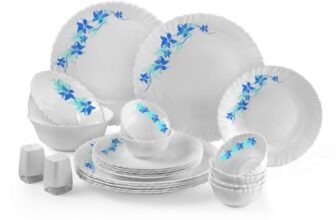 CELLO Blue Swirl Dazzle Series Opalware Dinner Set of 23 Pieces for Family of 6 | Bone-Ash Free & Leadfree Opal Glass, Microwave & Dishwasher Safe, Plates & Bowls Crockery Set for Dining & Gifting