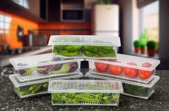 Houshe Multi-Purpose Food Storage Container with Removable Drain Plate and Lid, Stack-able Freezer Storage Containers to Keep Fresh for Vegetables, Fruits, Fish, Meat, Transparent, 1500 Ml Set of 6