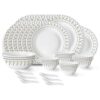 Larah by Borosil Ora Gold Fluted Series Opalware Dinner Set of Plate, Veg Bowls, Soup Bowl, Spoons, Serving Bowl and Oval Rice Plate | Bone-Ash Free Crockery Set for Dining (White, 33 Pieces)